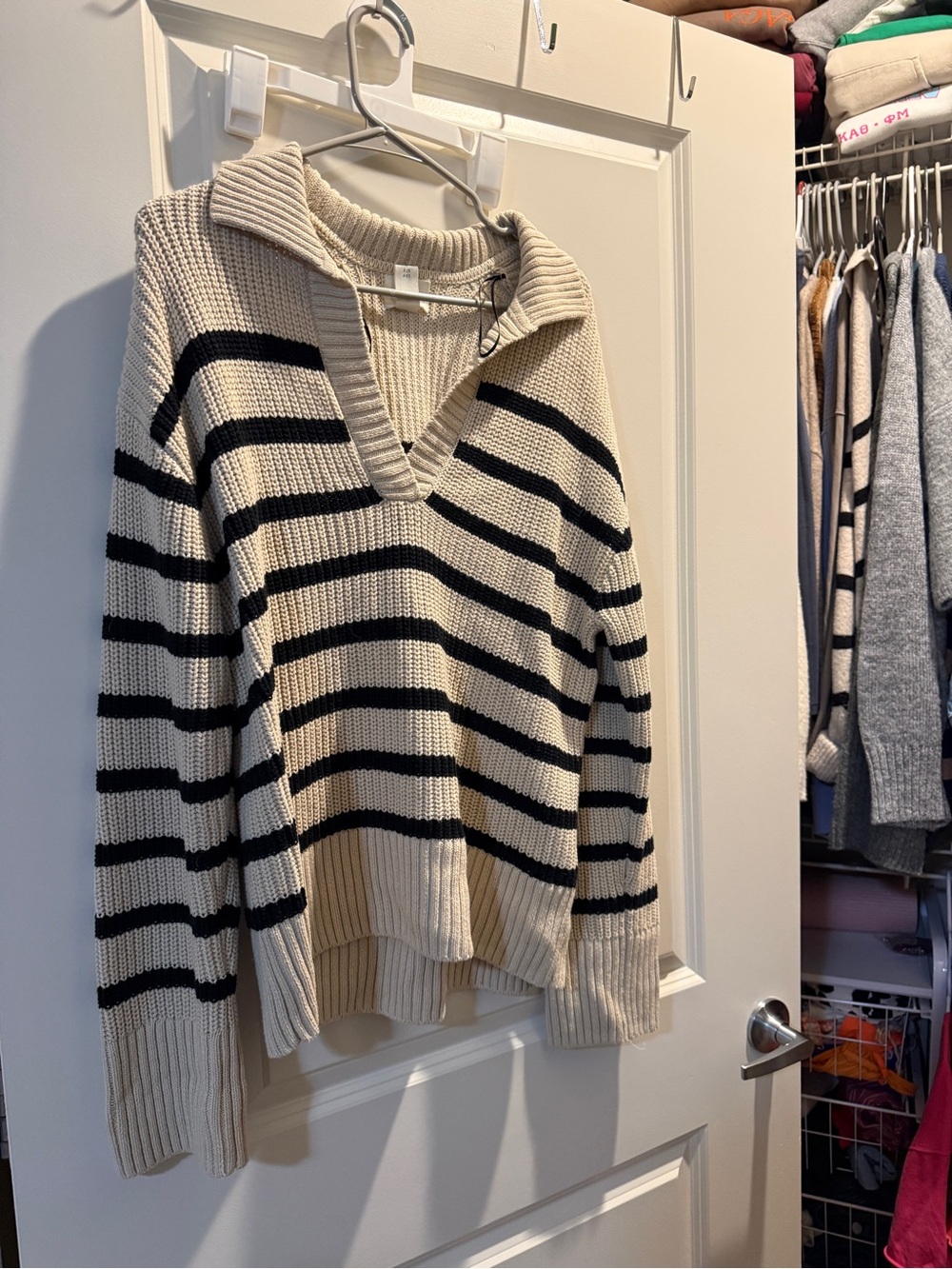 H&M Cream and Black Striped V-Neck Collared Sweater